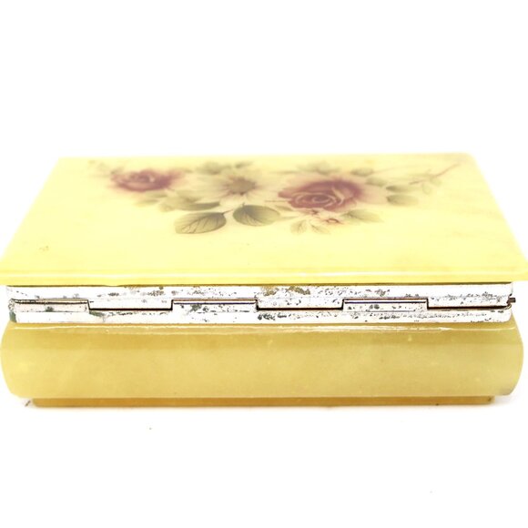 Vintage Genuine Alabaster Trinket Jewelry Box Yellow w/Flowers Created in Italy - Picture 9 of 11